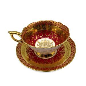 ROYAL STAFFORD Red Gold Filigree Tea Cup and Saucer England Vintage